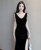 【3色】ロングドレス キャバドレス セクシー ローカット スリット入り 上品 バックオープン イブニングドレス パーティー JC2-YM9217