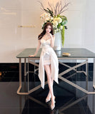 ミニドレス キャバドレス キャミソールワンピースクシー レース不規則デザイン Vネック 高見え KS2-DD5269