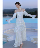 ロングドレス キャバドレス セクシー フレンチ マーメイド バタフライジャカード フリル 長袖 JC2-XHY913212