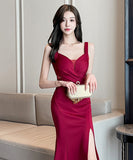 【3色】ロングドレス セクシー ボディコン ノースリーブ ディープVネック 上品 スリット 着やせ パーティー JC2-YM9206