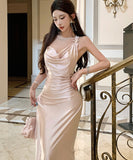 ロングドレス キャバドレス セクシー バックオープン ギャザー サテン エレガント パーティー JC2-XHY919292