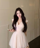 ミニドレス　名媛風ノースリーブ 高腰Aライン 涼感Vネック ドレスおしゃれ HMZ2-XKDD335A-2975-Jun9