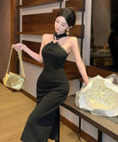 ロングドレス 中華風ヴィンテージスパンコール刺繍ハイネックスリットパーティー用エレガントワンピースHMZ2-DDFZC5003