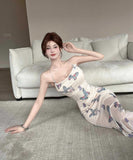 ロングドレス ホルターネック 蝶柄 セクシー 気質 背露出 名媛風 お洒落 YH2-DD6747