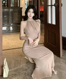 ロングドレス キャバドレス セクシー ホルターネック リボンタイ 上品 スリット入り ヒップライン デート 通勤 JC2-DD6335