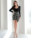 ミニドレス キャバドレス セクシー 韓国風 スクエアネック チェック切り替え タイト 長袖 小柄さん向け デートコーデ オフィスOK JC2-ZED88396A71