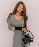 【3色】膝丈ドレス セクシー 韓国風 Vネック タイト ミディワンピ コンビカラー 出勤 デート お出かけ JC2-MLS57526258