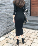 【3色】膝丈ドレス キャバドレス セクシー 韓国風 Vネック ボディコン リブニット タイト 出勤 デート JC2-MLS57256151