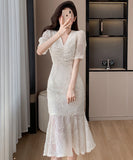 【2色】膝丈ドレス キャバドレス おしゃれ セクシー Vネック レース 気質 YH2-ZED888807GT415