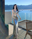 ロングドレス キャバドレス セクシー シルバー スパンコール 背中開き Vネック キラキラ 年会 二次会 JC2-XHY912609