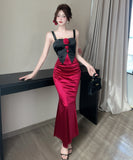 【2色】Lady's coco ロングドレス キャバドレス セクシー 韓国風 サテン 配色 フラワー装飾 スリット入り ボディコン JC2-MLS81282009