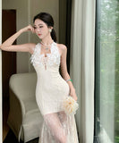 ロングドレス キャバドレス セクシー フレンチ レース ホルターネック シアー 細見え JC2-XHY919863