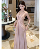 Lady's coco ロングドレス キャバドレス セクシー シャンパンピンク 調節可能 ディープV バックレス ツイストデザイン ギャザー入り 誕生日 パーティー JC2-XHY919295