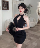 【3色】ミニドレス キャバドレス セクシー 胸元大胆 ホルターネック 肩見せ タイトシルエット 細見え パールチェーン JC2-DD6320