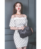 【2色】ミニドレス キャバドレス セクシー 韓国風 オフショルダー ドット柄 レース切り替え ボディコン JC2-JW3726NA71