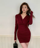 【2色】ミニドレス キャバドレス セクシー Vネック 長袖 ボディコン タイトシルエット インナー・レイヤードにも最適 デート クラブ JC2-ZED888612BM143