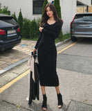 【3色】膝丈ドレス キャバドレス セクシー 韓国風 Vネック ボディコン リブニット タイト 出勤 デート JC2-MLS57256151