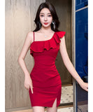 【2色】ミニドレス キャバドレス セクシー 韓国風 ワンショルダー キャミワンピ 上品 ボディコン JC2-JX5887