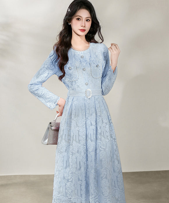 【3色】ロングドレス エレガント フェミニン レース 長袖 ウエストマーク Aライン 美シルエット シャネル風 ボタン装飾 お出かけ 日常 JC2-ZED889519-2GT415