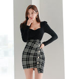 ミニドレス キャバドレス セクシー 韓国風 スクエアネック チェック切り替え タイト 長袖 小柄さん向け デートコーデ オフィスOK JC2-ZED88396A71