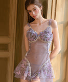 ルームウェア ランジェリー セクシー バタフライ刺繍 リボン メッシュ素材 プラスサイズ ガウン付きセット JC8-GR6311