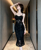 【2色】膝丈ドレス キャバドレス セクシー フレンチ レース キャミワンピ タイトフィット レースアップ JC2-DD6332