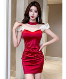 【2色】ミニドレス キャバドレス セクシー オードリー風 プリーツ ホルターネック 美脚効果 ボディコン JC2-JX5816