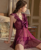 【3色】ルームウェア ランジェリー セクシー メッシュ透け感 レース切替 リボン ガウン付きセット 誘惑 ナイトドレス JC8-GR4812