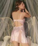 【2色】ルームウェア ランジェリー セクシー サテン ジャカード チュール シースルー Vネック バックオープン セット JC8-GR-WF6148