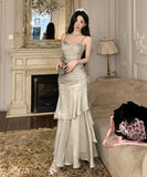 【4色】ロングドレス キャバドレス セクシー 写真映え 成人式 キャミワンピ プリーツ ノースリーブ フリル JC2-AQR2520