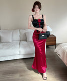 【2色】Lady's coco ロングドレス キャバドレス セクシー 韓国風 サテン 配色 フラワー装飾 スリット入り ボディコン JC2-MLS81282009