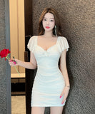 【3色】ミニドレス キャバドレス 谷間露出 フリル おしゃれ セクシー Vネック YH2-DD6917