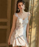 ルームウェア ランジェリー スイート系 フレアスリーブ 猫柄 ベルベット メッシュ切替 リボン JC8-GR6538