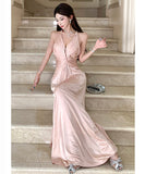 Lady's coco ロングドレス キャバドレス セクシー シャンパンピンク 調節可能 ディープV バックレス ツイストデザイン ギャザー入り 誕生日 パーティー JC2-XHY919295
