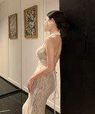 ロングドレス キャバドレス セクシー レース フリル ホルターネック バックオープン マーメイドライン パーティー JC2-XHY9895