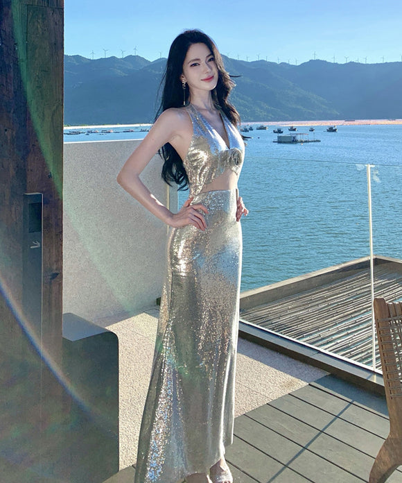 ロングドレス キャバドレス セクシー シルバー スパンコール 背中開き Vネック キラキラ 年会 二次会 JC2-XHY912609