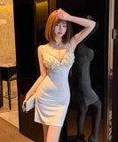 【2色】ミニドレス キャバドレス セクシー キャミソール 盛れるカップ付き 谷間魅せ ボディコン ビジュー 立体フラワーモチーフ 透け感 ナイトワーク クラブ JC2-BX0126