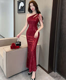 【3色】ロングドレス セクシー エレガント 気質 キラキラ 脚長効果 party 非対称 YH2-DD6665