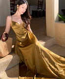 ロングドレス キャバドレス セクシー エレガント バックオープン ウエストマーク キャミワンピ ゴールド ギャザー JC2-XHY919324