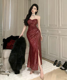 ロングドレス キャバドレス セクシー ベアトップ スパンコール ドレープ 着痩せ スリット パーティー JC2-WDS5321