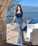 ロングドレス キャバドレス セクシー フレンチ ブルーグラデーション ベアトップ タイトシルエット マーメイドライン JC2-XHY913269