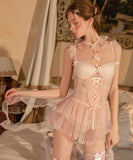 【2色】ルームウェア ランジェリー セクシー 谷間メイク メッシュ素材 レース切替 リボン フレアスリーブ 清楚系 JC8-GR5233