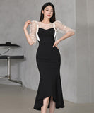 2点セット 膝丈ドレス キャバドレス エレガント パフスリーブ 気質 おしゃれ YH2-ZED88359A71