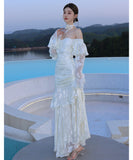 ロングドレス キャバドレス セクシー フレンチ マーメイド バタフライジャカード フリル 長袖 JC2-XHY913212