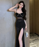 ロングドレス 透け感 ゴージャス セクシー 脚長効果 キラキラ 気質 キャバクラ YH2-YM9165