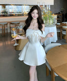ミニドレス キャバドレス フレンチスタイル オフショルダー リボンデザイン Aライン パール デート お出かけ カジュアル ランチ JC2-XHY918397