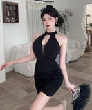 【3色】ミニドレス キャバドレス セクシー 胸元大胆 ホルターネック 肩見せ タイトシルエット 細見え パールチェーン JC2-DD6320