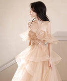 ロングドレス キャバドレス パーティードレス  チュール フレンチムード オフショルダー シャンパンカラー ステージ映え バースデー パーティー エンゲージメント JC2-ASNE201