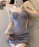 水着 ビキニ モノキニ ラメ ラインストーン パープル 小胸さん向け ワイヤー入り 盛れる 温泉 リゾート JC7-KSD060