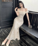 Lady's coco ロングドレス キャバドレス セクシー フレンチ オフショルダー スパンコール タイトシルエット 高見え ふわふわフェザー付き パーティー JC2-YKE450A8676